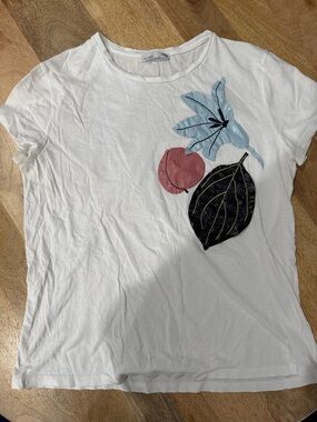 Zara White Short Sleeve Tee with Blue, Pink and Black Leaf Appliqués